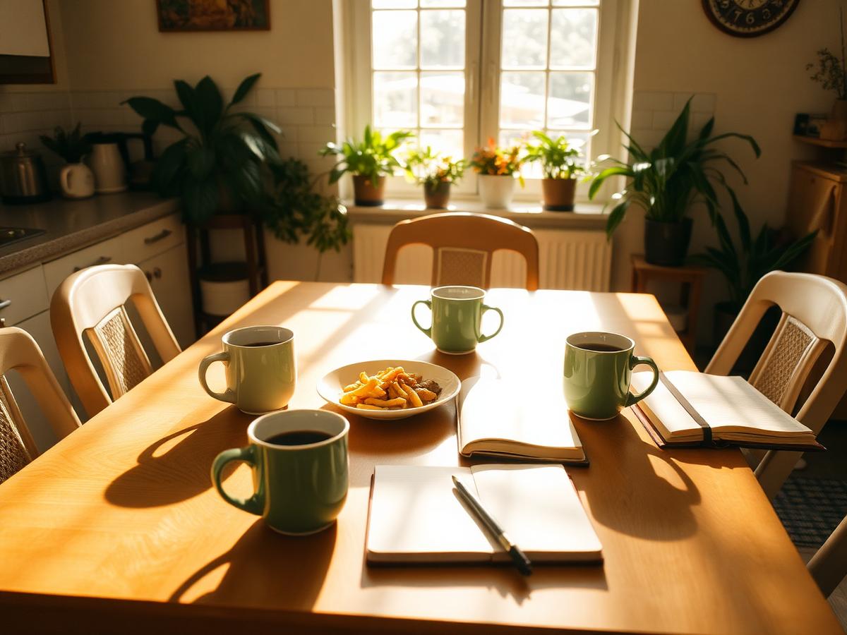 Sunlit kitchen table with coffee mugs, a shared meal, and open notebooks