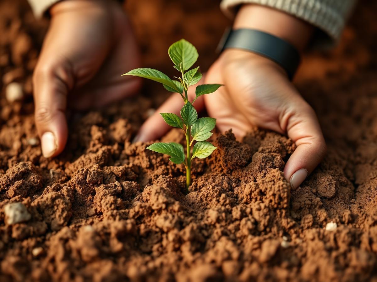 Hands planting a young sapling in rich soil